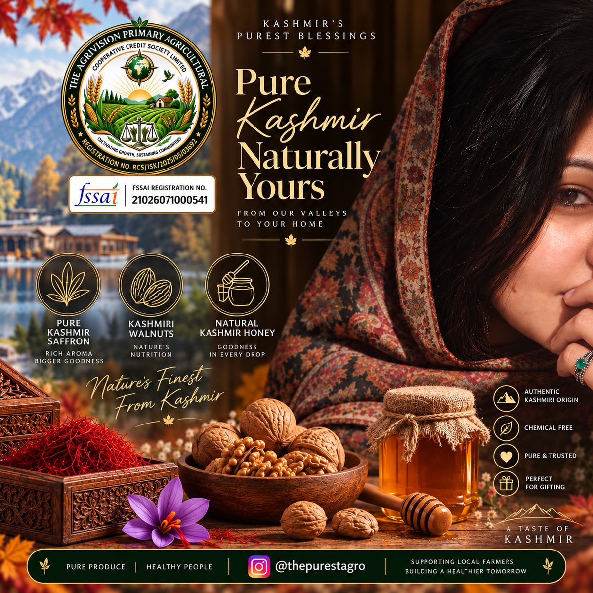 TheAgrivision's tweet photo. We believe healthy India begins with pure, responsibly sourced agro-produce. From our finest Kashmiri saffron, walnuts &amp; honey, we’re committed to bringing nature’s goodness to every table. 🇮🇳

#healthyindia #agroindia #pureproduce  #SupportFarmers @AgriGoI https://t.co/MJOdFR85i0
