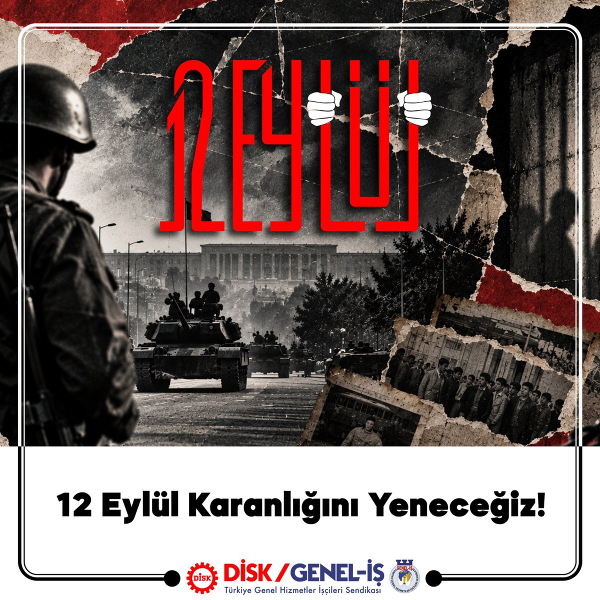 DiSK_Genel_is's tweet photo. 12 Eylül 1980 askeri darbesi, yalnızca bir askeri müdahale değil; işçi sınıfının kazanılmış haklarını gasp eden, emeği sermayeye teslim eden bir darbe düzenidir. Darbenin en büyük hedefi işçi sınıfı ve onun mücadele örgütleri olmuştur. DİSK’in faaliyetleri durdurulmuş, yöneticileri yıllarca hapiste tutulmuştur.

12 Eylül rejimi biçimsel olarak sona ermiş olsa da yarattığı siyasal, hukuksal ve ekonomik düzenin izleri 46 yıldır sürmektedir. Grev yasakları, sendikal örgütlenmenin önündeki engeller, seçme ve seçilme hakkına yönelik müdahaleler ve hukukun demokratik hakları sınırlandıran bir araç olarak kullanılması bu sürekliliğin açık göstergeleridir.

12 Eylül’le gerçek anlamda hesaplaşmanın yolu; emeğin haklarını, sendikal özgürlükleri, demokrasiyi ve hukuk devletini güçlendirmekten geçmektedir.