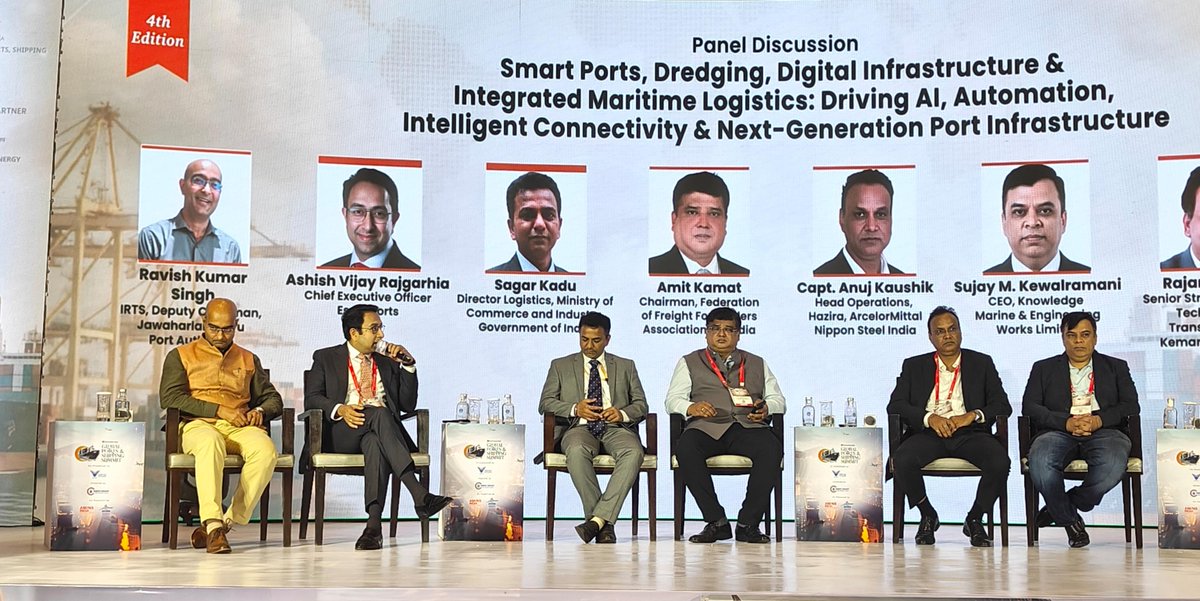 EssarPorts's tweet photo. At the @ET_Infra Global Ports & Shipping Summit 2026, @ARajgarhia_1979, CEO, #EssarPorts, shared his perspective during the panel on “Smart Ports, Dredging, Digital Infrastructure & Integrated Maritime Logistics: Driving AI, Automation, Intelligent Connectivity & Next-Generation Port Infrastructure.”

He highlighted the need for predictable frameworks that support long-term investment, alongside technology that improves the efficiency, safety, and reliability of port operations.

As India’s maritime sector evolves, Essar Ports remains focused on building efficient and resilient ports for the future.

#GatewayOfGrowth #GlobalPortsAndShippingSummit #Essar

@sarbanandsonwal | @shipmin_india | @JoshiPralhad | @mnreindia