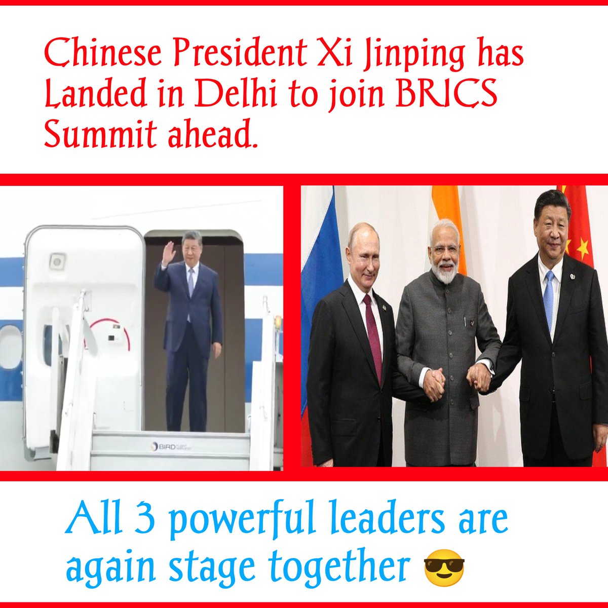 raghvendra_28's tweet photo. Chinese President Xi Jinping has Landed in Delhi to join BRICS Summit ahead, all the three powerful leaders are together again on a big stage. 

#XiJinping | चीनी ���ाष्ट्रपति | #BRICS | #IndiaChina | जिनपिंग दिल्ली | https://t.co/c6FcktDzj0
