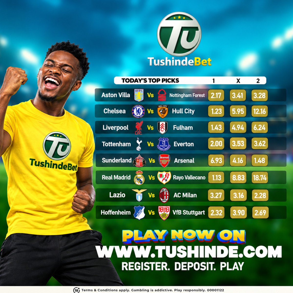 TushindeBet's tweet photo. 🔥⚽ TODAY’S TOP PICKS! 🔥

The weekend action is here! 🏆🎯

Weka prediction zako, chagua odds zako na uingie kwenye game na TushindeBet! 💪💰

🌐 https://t.co/WB0If7nPPU

Register. Deposit. Play. 🚀

🔞 18+ | Gambling is addictive. Play responsibly. https://t.co/JoVGYjeKSJ