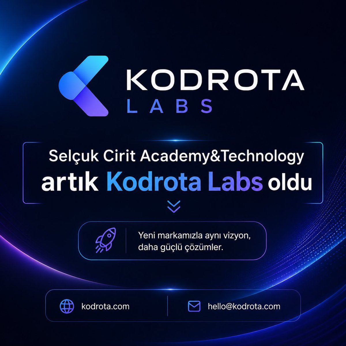 kodrotalabs's tweet photo. Selçuk Cirit Academy&amp;Technology artık yoluna Kodrota Labs olarak devam ediyor.

Rotası çizilmiş yazılım ürünleri, eğitim, danışmanlık… 
Yeni markamızla büyümeye devam ediyoruz. https://t.co/jw6k9neAUD