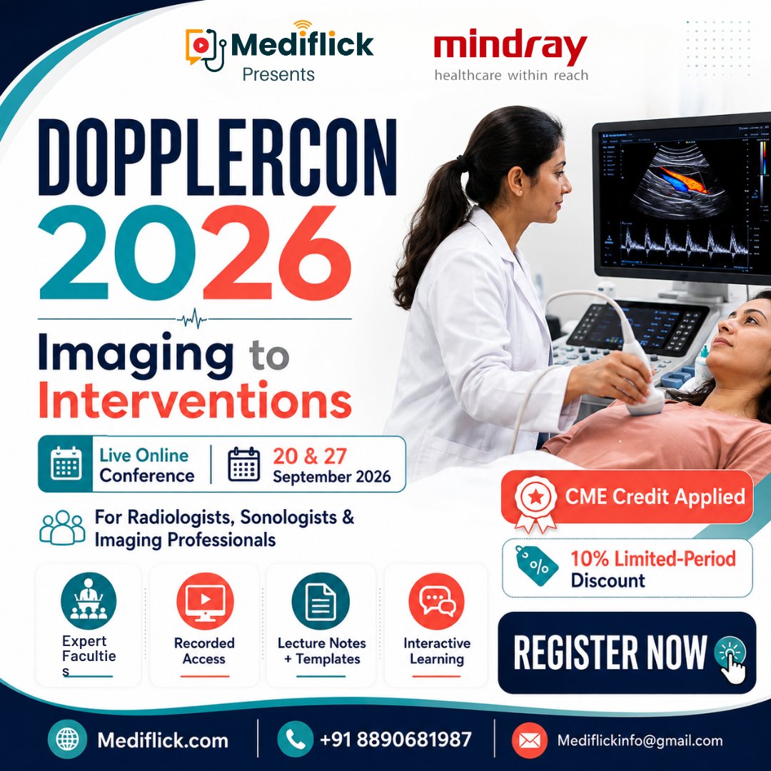 mediflick's tweet photo. 🔥 ONLY 7 SEATS LEFT — PRICE HIKE NEXT! 🔥

🩻 DOPPLERCON 2026 — From Imaging to Interventions 🎯
💥 CME Credit Points Applied
👉 Secure your seat NOW before you pay more!
👇 REGISTER NOW &amp; LOCK YOUR PRICE:
https://t.co/P58baibt1u https://t.co/UDaOdNhiNs