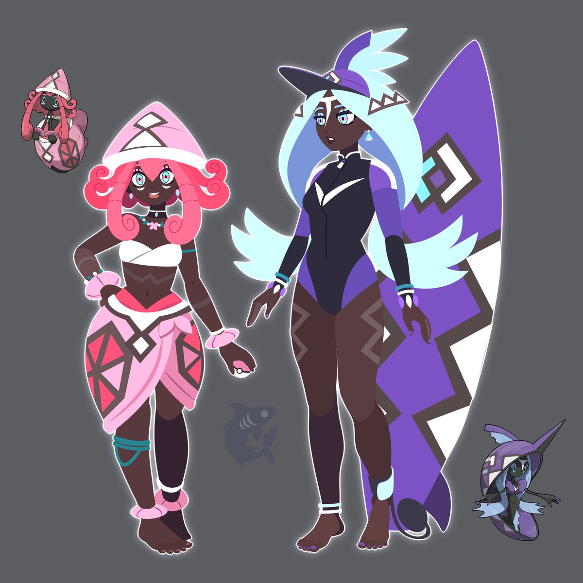 Glowing_Shark's tweet photo. Working on some gijinkas for Tapu Fini and Tapu Lele, although I still haven't come up with names for them 
🫠✨
#fakemon #Pokemonart https://t.co/JovKZRIoH8