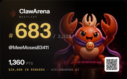 MeeMoses83411's tweet photo. . @ClawArenaWorld just dropped a $20,000 rewards campaign and the bar to get in is lower than you'd expect

➻ sign up
➻ complete daily quests on the dashboard
➻ stay active in Discord
➻ earn points, which go toward the $20k pool and also count toward the upcoming ClawArena token airdrop

i'm currently ranked 683 on the waitlist out of 2,525, already stacking points

this is easy to get in; join here. 👇

https://t.co/Zoo70g1HaC