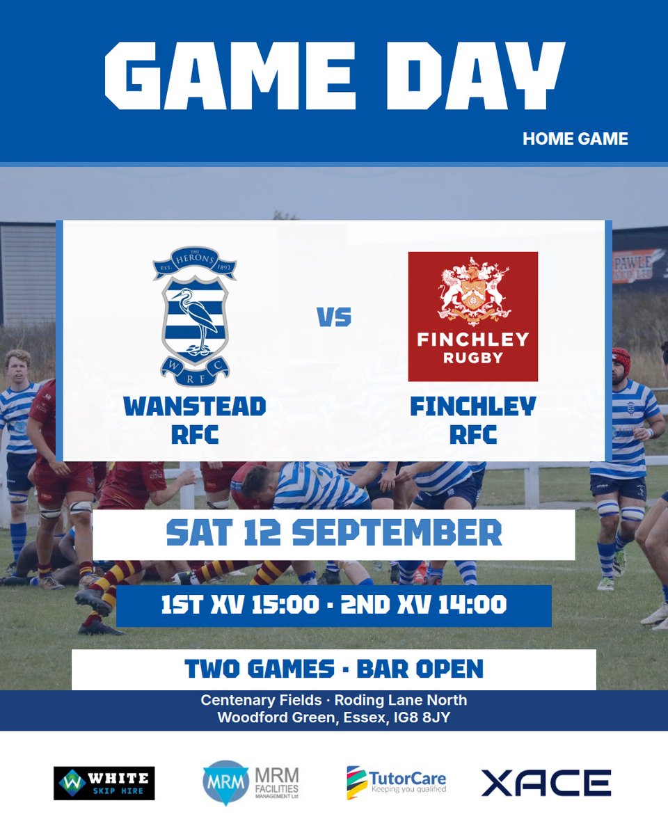 WansteadRFC's tweet photo. GAME DAY! Wanstead RFC v Finchley RFC today, Saturday 12 September.
1st XV 15:00 | 2nd XV 14:00
Two games. Bar open.
Centenary Fields, Roding Lane North, Woodford Green, Essex, IG8 8JY.
Come and support the Herons! #WansteadRFC https://t.co/iAd2fG30s9