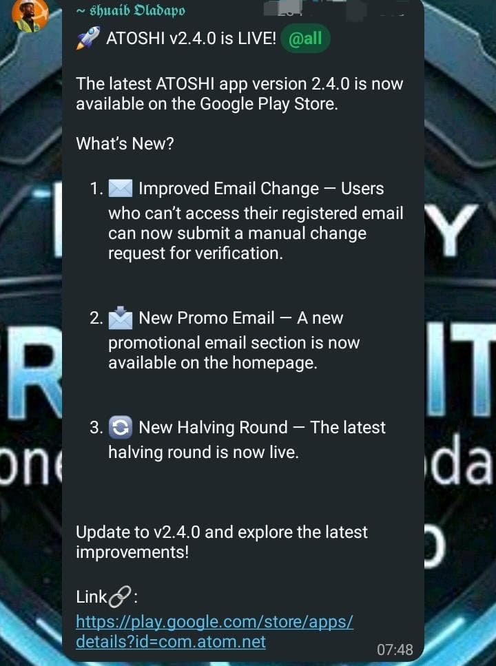 LIVINGBOYCRYPTO's tweet photo. 🚀🔥 ATOSHI APP v2.4.0 IS LIVE!

The latest ATOSHI app update is now available on Google Play. 📱✅

🆕 What’s New?

📧 Improved email change request
📩 New promo email section
🔄 New ATOSHI halving round is LIVE! 🔥

#ATOSHI #ATOS #Web3 #LivingboyCryptonite https://t.co/bJE0eeOBGX