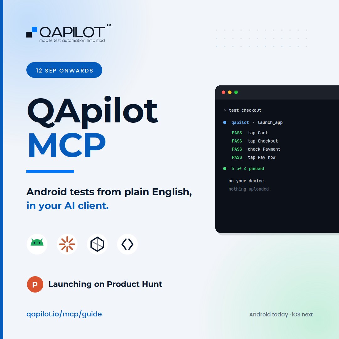 harini_mukesh's tweet photo. QApilot MCP is live on Product Hunt 
Android tests from plain English, right inside your AI client.
Support us here: https://t.co/lOnHxzK6SA

#ProductHunt #MCP #Android #MobileTesting https://t.co/g0LBV3vRK6