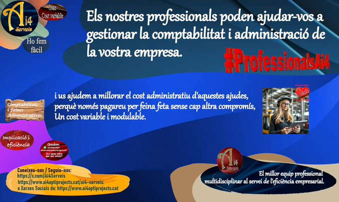 serveis38965's tweet photo. #ExperienciaAmbValor per la #Diversitat i #Profunditat després de molts anys ajudant empreses de molts sectors diferents,
i amb moltes necessitats diverses. #SolucionsAi4 #ProfessionalsAi4 #ImplicacioTotal #FeinesAdministrativesADemanda https://t.co/VgMp6KW4pB