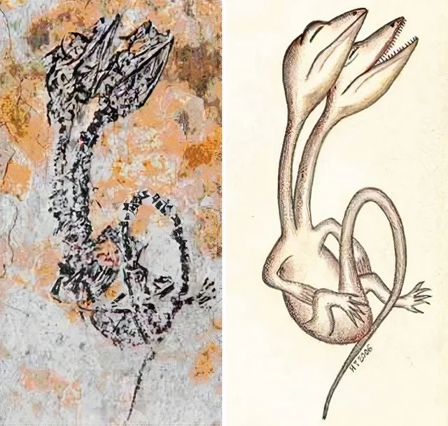 Rainmaker1973's tweet photo. A two headed dinosaur fossil discovered in the Cretaceous Yixian formation in China. 

It's the only fossil discovered with axial bifurcation, a malformation that is still observed in reptiles today. https://t.co/Yq5SLaH773