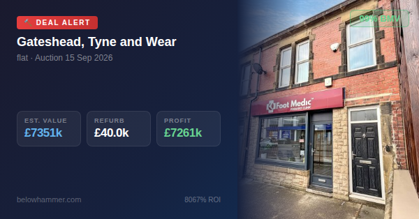 propertydealfin's tweet photo. 🏠 DEAL ALERT | Gateshead, Tyne and Wear
💰 Guide: £50.0k | Est. Value: £7351k
🔨 Refurb: £40.0k | Profit: £7261k (8067% ROI)
⚡ 99% below market value
View → https://t.co/y9SIv2za9a
#UKProperty #PropertyInvestor #AuctionDeals #PassiveIncome #FinancialFreedom #WealthBuilding https://t.co/GslSEo6OSE