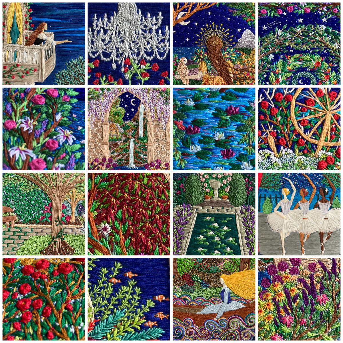 Gtilleymatthews's tweet photo. I love to create pictures out of thread, so today, I’ve made you a new photo collage of small snippets taken of a variety of my embroideries. Please feel free to imagine, imagine a story… 😉🪡🌿 🌺✨ #stitchedart #thesewingsongbird https://t.co/MXx3WQw0uC