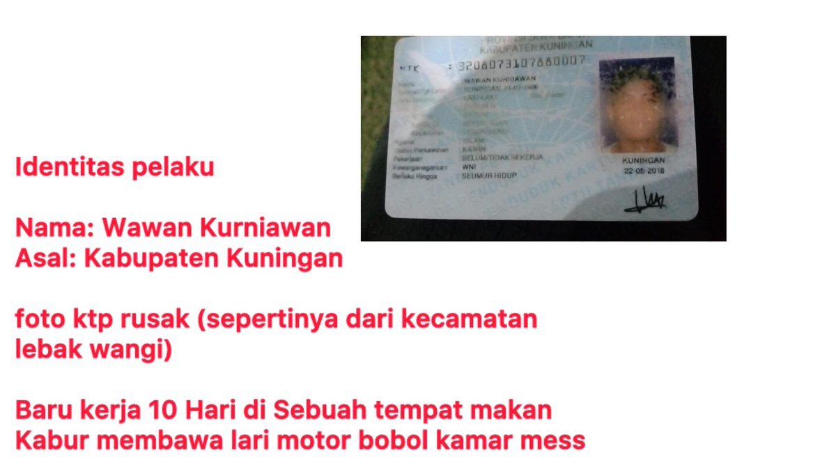 IMALAILLA_CM's tweet photo. DICARI PENCURI !!! BANTU RE-TWEET. 
BARU 10 HARI KERJA MALING MOTOR DI SEMARANG. 

WARGA KAB. KUNINGAN, infonya  kabur ke Kota Gede Yogyakarta. 

Sudah saya laporkan ke pihak berwajib !! 

Ciri khas motor itu ada di kaca depan pecah dan soklet depan abu hitam bergaris !! https://t.co/fggjgm4732
