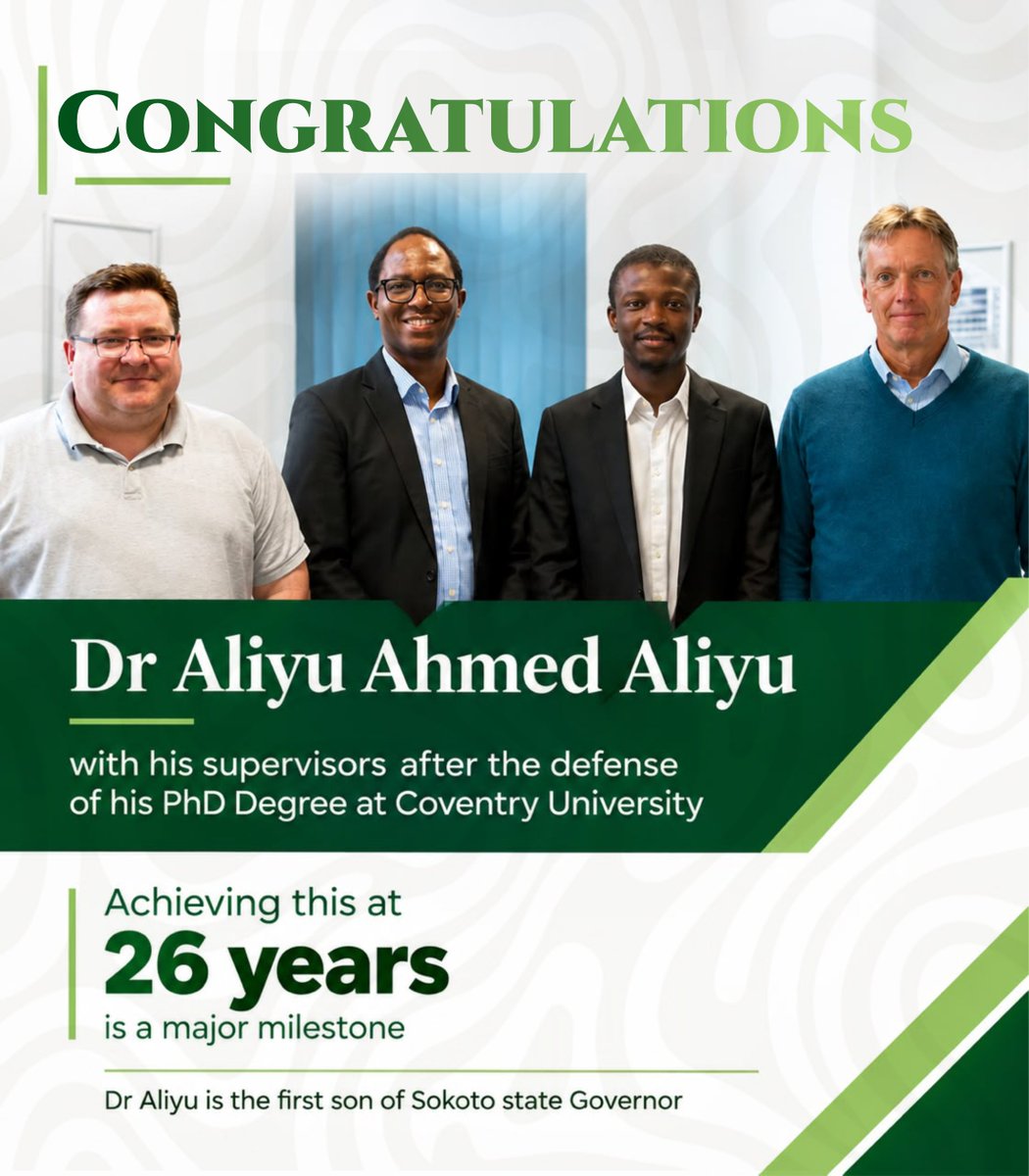 SadeeqKurbe's tweet photo. Dr Aliyu Ahmed Aliyu bags PhD at 26 years!

At just 26, @Ahmadaliyu_ has achieved a remarkable academic milestone by earning a PhD—an accomplishment that speaks volumes about dedication, discipline, and an unwavering commitment to excellence.

His journey is a powerful reminder that age is never a barrier to ambition. With determination, the right mindset, and a relentless pursuit of knowledge, young Nigerians can break boundaries and achieve extraordinary heights.

Congratulations, Dr Aliyu Ahmed Aliyu! May this achievement mark the beginning of even greater accomplishments ahead.

Dr Aliyu Ahmed Aliyu bags PhD at 26 years.