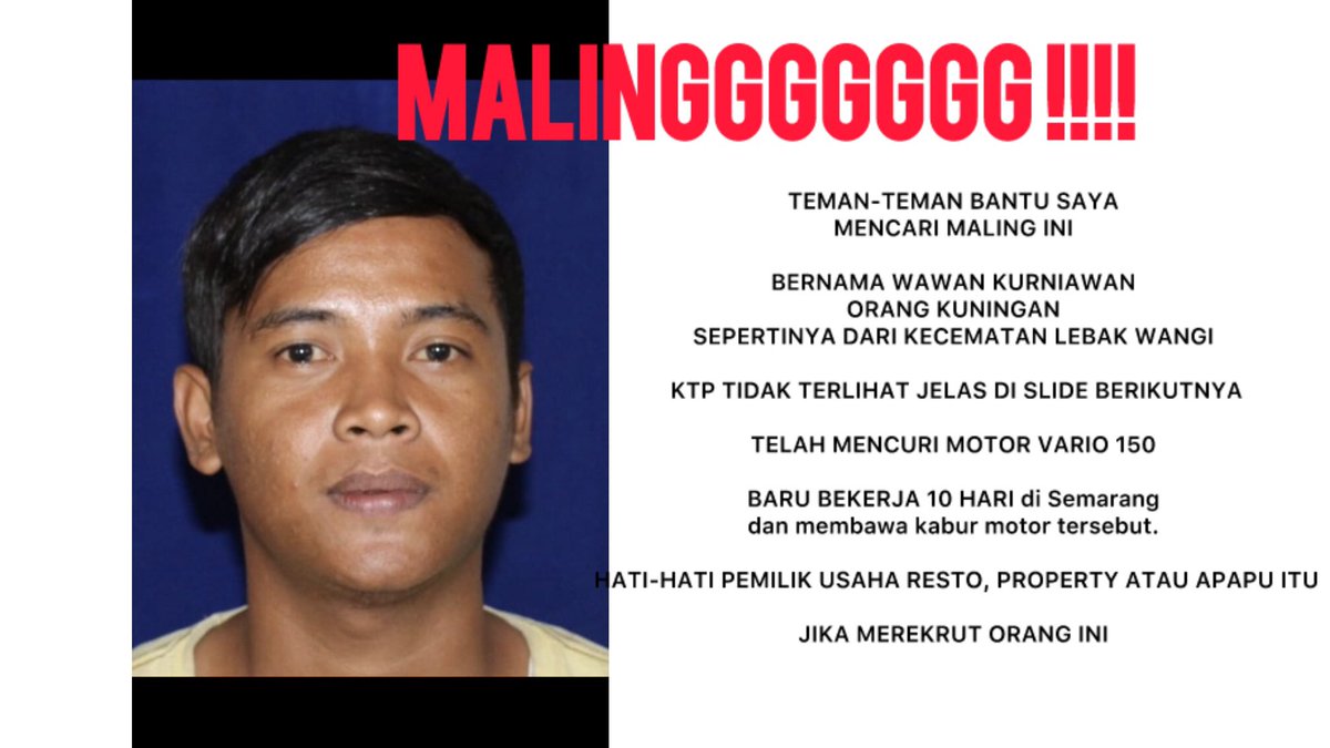 IMALAILLA_CM's tweet photo. DICARI PENCURI !!! BANTU RE-TWEET. 
BARU 10 HARI KERJA MALING MOTOR DI SEMARANG. 

WARGA KAB. KUNINGAN, infonya  kabur ke Kota Gede Yogyakarta. 

Sudah saya laporkan ke pihak berwajib !! 

Ciri khas motor itu ada di kaca depan pecah dan soklet depan abu hitam bergaris ! https://t.co/rwmD0vCLgr