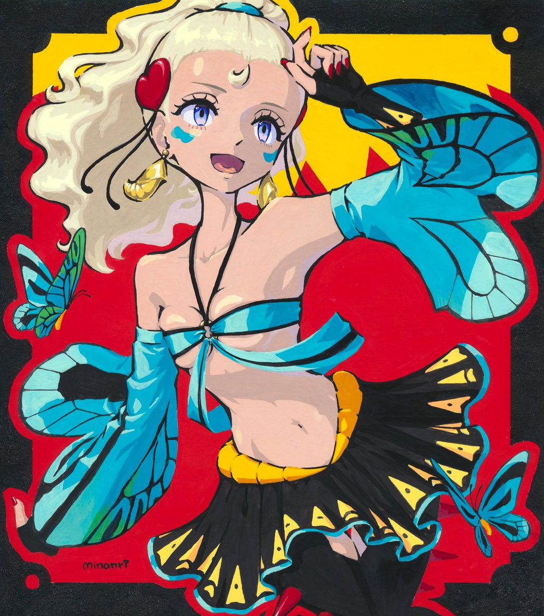 minanri_art's tweet photo. 「蝶たちと生きて、踊る」
『アレクサンドラトリバネアゲハ祭』

世界最大の蝶が織りなす華やかさの中に、少しばかりの毒気を混ぜて。
みらい長崎ココウォークで開催中の #えがすき 内特別展示「えがきたい。」にて原画を飾っ���頂いております。ありがとうございます。 https://t.co/jtnSvaC8yH