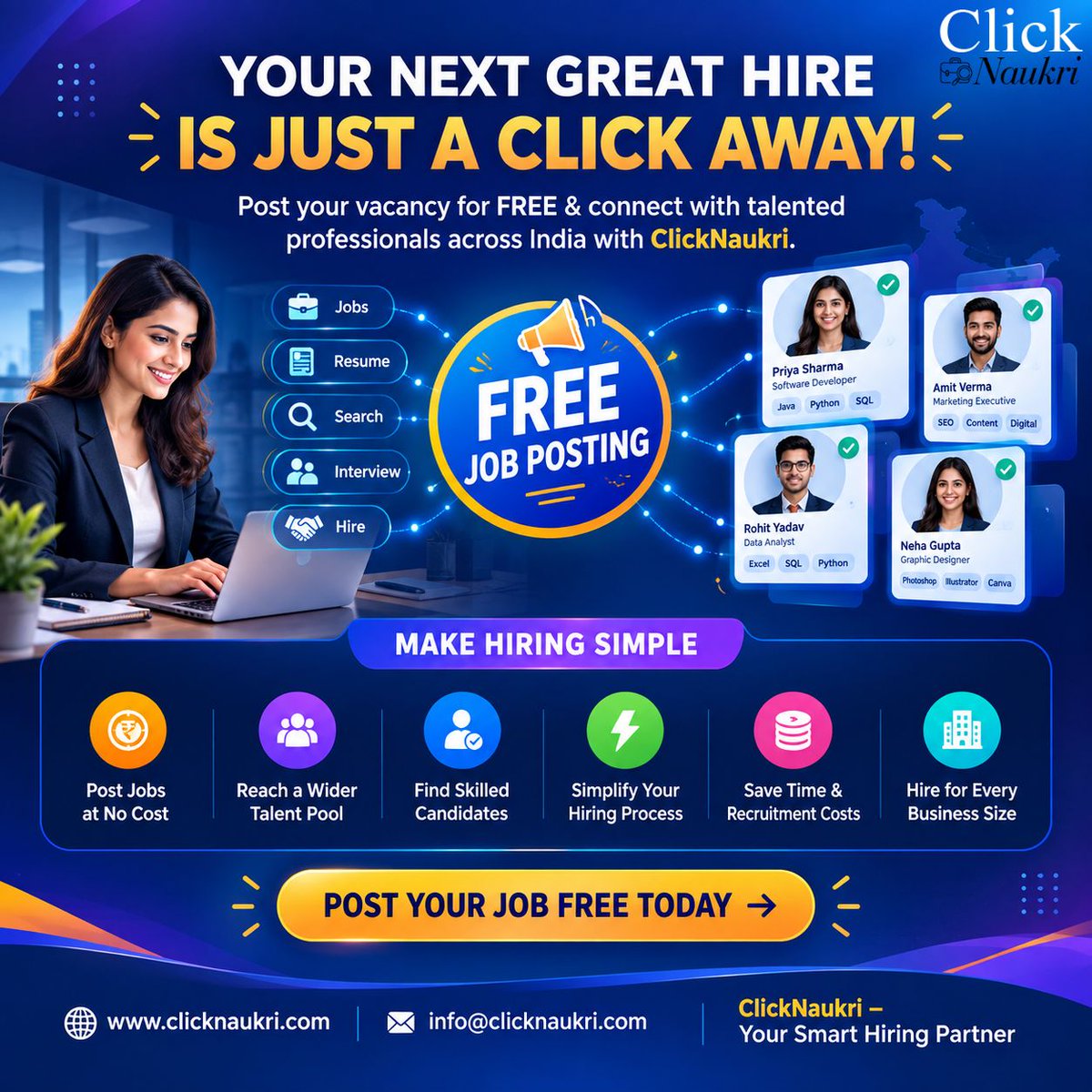 ClickNaukri's tweet photo. 🚀 YOUR NEXT GREAT HIRE IS JUST A CLICK AWAY!

📢 Post your job today and build your dream team!

🌐 https://t.co/fLy15trnOF
📧 info@clicknaukri.com

ClickNaukri – Your Smart Hiring Partner.

#ClickNaukri #FreeJobPosting #HiringMadeEasy #Recruitment #HireSmart https://t.co/z5nZT5Ktty
