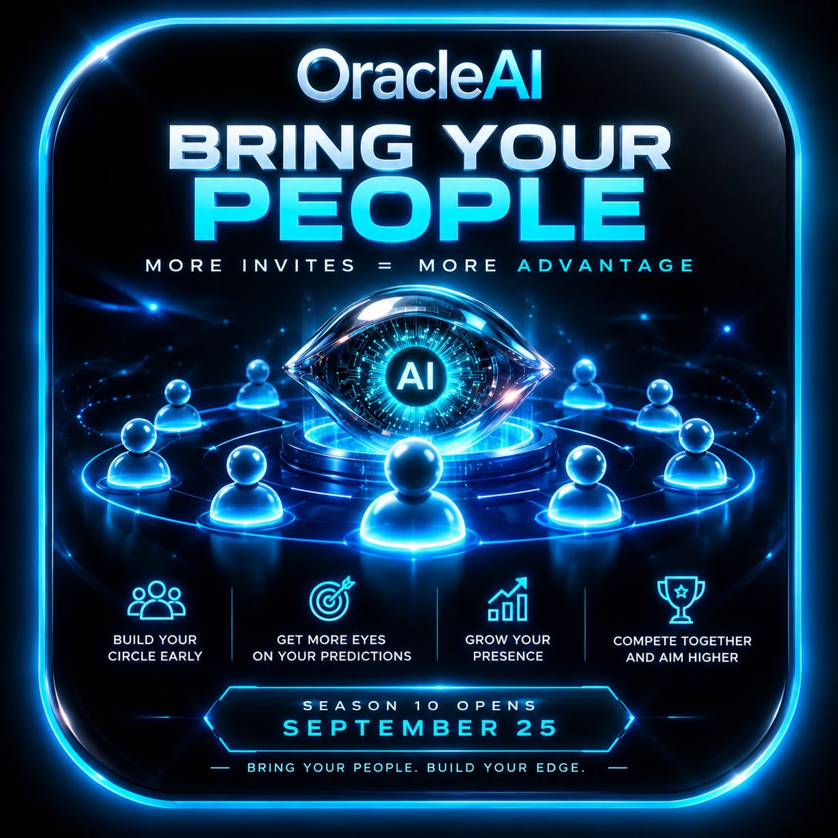 oraclepredictai's tweet photo. DON’T COME TO SEASON 10 ALONE. 

The people you invite can give you an advantage.

Build your circle early
 Get more eyes on your predictions
Grow your presence in the community
Compete together and aim higher

Season 10 opens September 25.

Bring your people. Build your edge.

#OracleAI #OAI #Crypto #BNB #PredictionMarkets