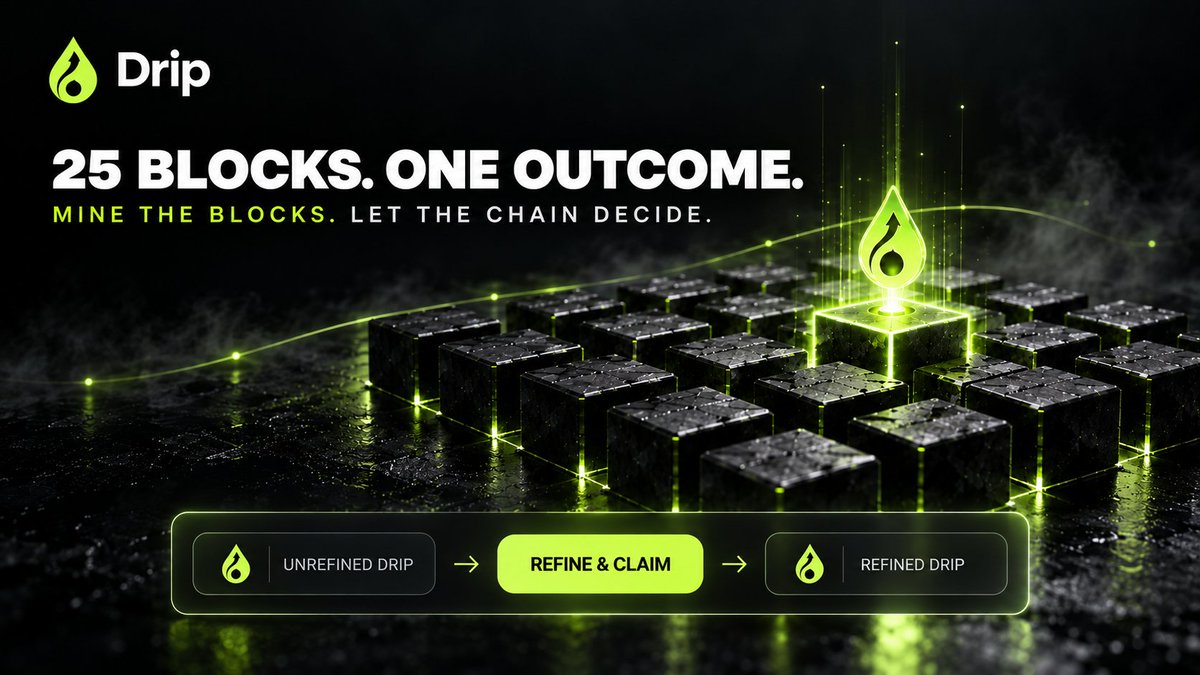 Drip_Robinhood's tweet photo. What exactly is DRIP? 💧

DRIP isn’t another tap-to-mine app or endless token-emission farm.

It is an on-chain Block Mining Protocol.

25 blocks.
60 seconds.
One winning block.

Choose your blocks and mine them with USDG. At the end of every round, secure on-chain randomness selects the winning block.

Miners positioned on that block share the round’s rewards proportionally.

No passive tapping.
Every block is a decision.
Every round brings a new opportunity.

Mine the Blocks. Let the Chain Decide.

$DRIP is coming.