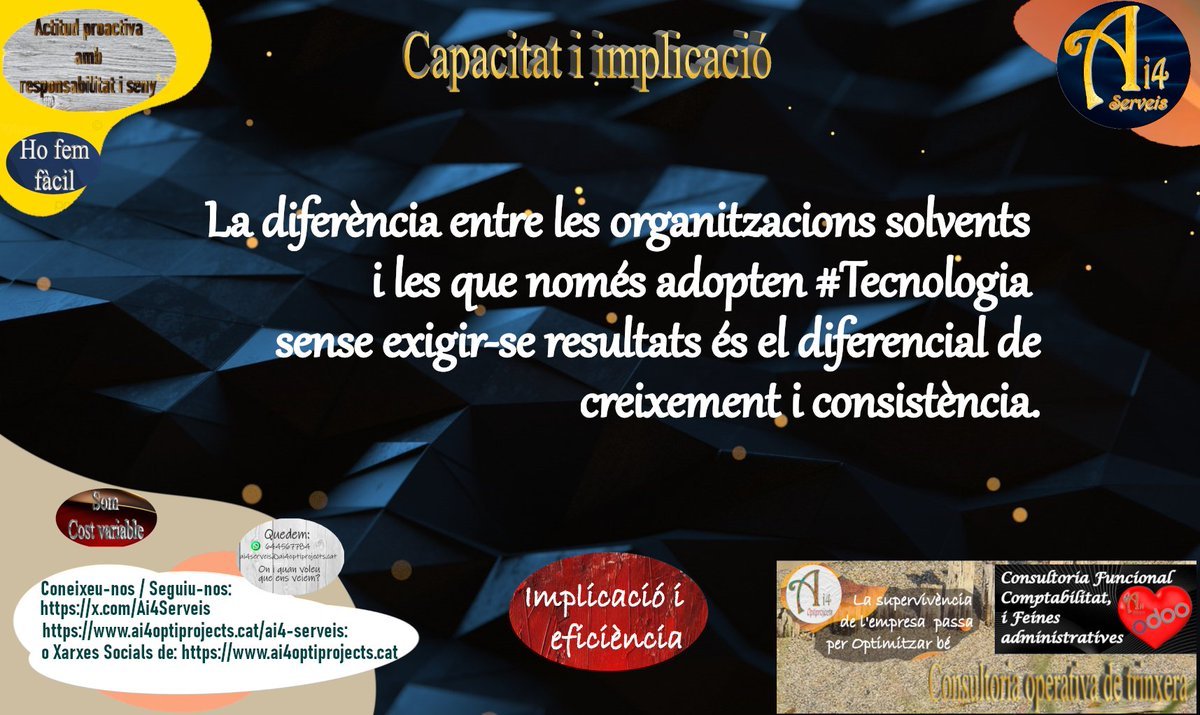 serveis38965's tweet photo. La diferència entre les organitzacions solvents i les que només adopten #Tecnologia sense exigir-se resultats és el diferencial de creixement i consistència.
#SolucionsAi4 #InteligenciaArtificial
#OptimitzarProcessos #GestioEficient
#SuportProfessionalalaVostraMida https://t.co/tQfNy7oD2N