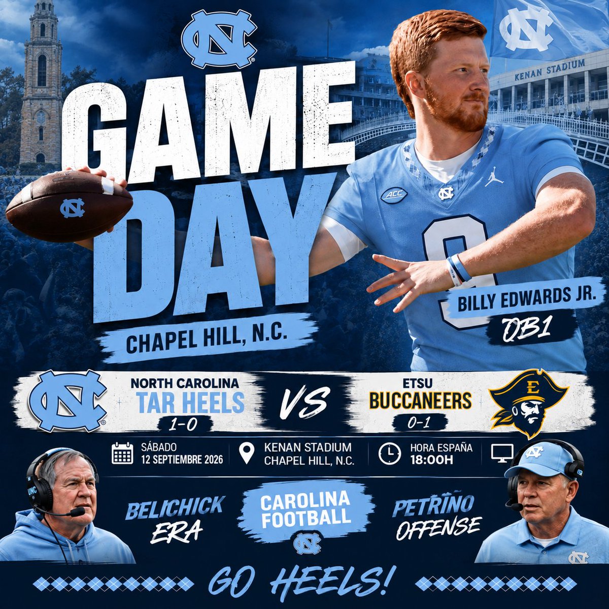 UNCFootballESP's tweet photo. 🏈🔥 ¡GAME DAY EN CHAPEL HILL!

Tras empezar la temporada con victoria, los Tar Heels vuelven a escena. Hoy toca defender Kenan Stadium ante ETSU. 🩵🐏

🏟️ Kenan Stadium
🕕 18:00h 🇪🇸
⚔️ UNC 🆚 ETSU

A seguir creciendo. A seguir ganando.

GO HEELS! 🩵🏈

#GoHeels #UNC https://t.co/8Y9es9qPLn