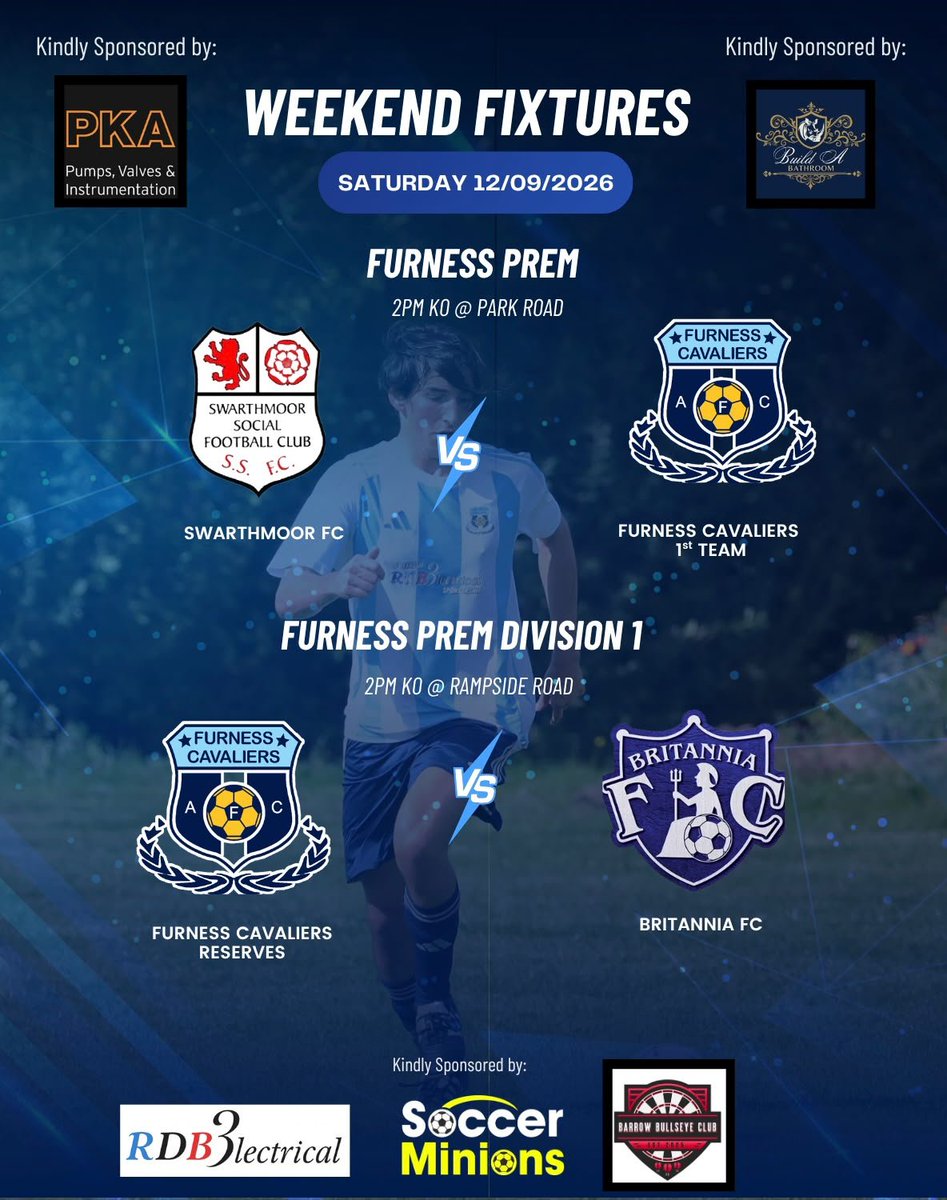 FurnessCavsAFC's tweet photo. ⚽️ Game Day ⚽️

Just the 2 games today as the A team have the week off.

First team make the short trip to Swarthmoor whilst the reserves welcome Britannia to Rampside Road. 

Both 2pm kick offs https://t.co/O6I6rvOWOC