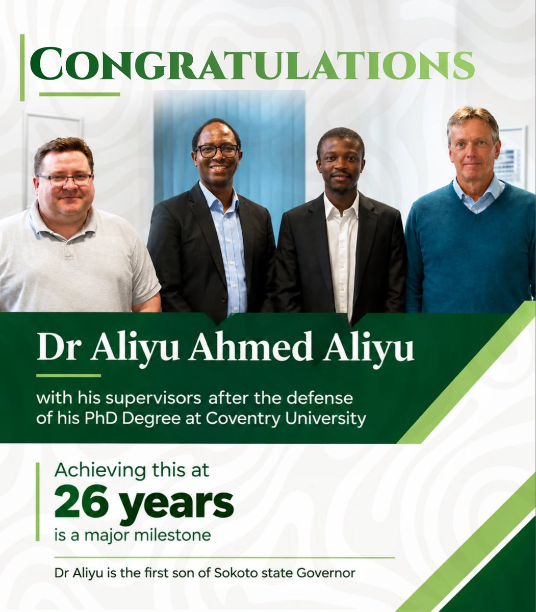 idreezsadam1's tweet photo. Congratulations to Dr. Aliyu Ahmed Aliyu on earning his PhD at just 26! 

A remarkable achievement and a powerful reminder that age should never limit ambition, excellence, or the pursuit of knowledge.

This is truly inspiring, especially for young Nigerians striving for greatness. May this milestone open the door to even greater accomplishments.

Congratulations, Dr. Aliyu!