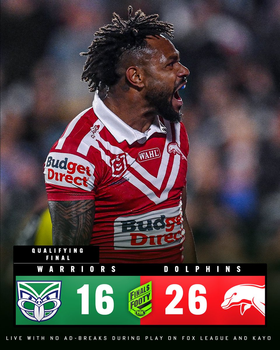 FOXNRL's tweet photo. The Dolphins create history! 🙌

Herbie Farnworth stars, leading his side to their first ever finals win with the Dolphins stunning the Warriors in a fiery thriller which saw several sin bins 👀💪

MATCH WRAP 👉 https://t.co/pqdyhoTifH https://t.co/PVrMoQlpPt