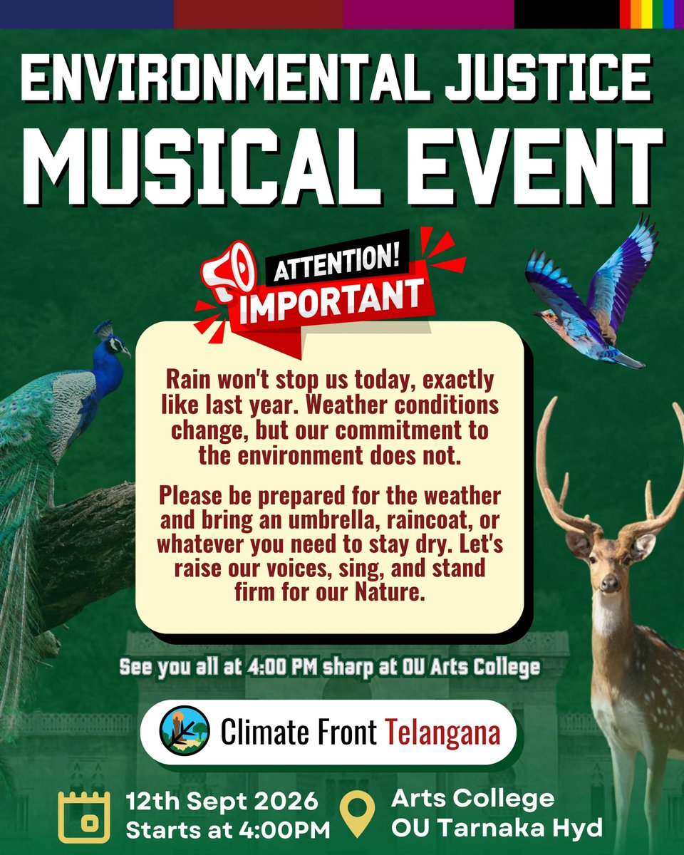 ClimateFrontHyd's tweet photo. Rains won't stop us today, exactly like last year. Weather conditions change, but our commitment to the environment does not.

Let's gather to raise our voices, sing, and stand firm for our climate. See you all at 4:00 PM sharp at OU Arts College https://t.co/WBivHa8uym