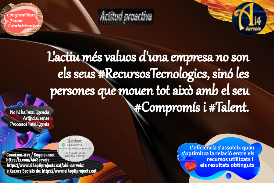 serveis38965's tweet photo. L'actiu més valuos d'una empresa no son els seus #RecursosTecnologics, sinó les persones que mouen tot això amb el seu #Compromís i #Talent.
#ProfessionalsAi4 que us ajuda amb #FeinesAdministrativesiComptabilitat
#SolucionsAi4 #CostVariable https://t.co/xW2L0PI3ui