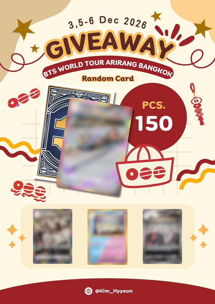 Kim_Hyyeon's tweet photo. Pls RT 🔄📢

💜Giveaway💜
🃏 150 PCS. 🃏🔥
🗓️ Date : 3, 5-6 Dec 2026 📅
📍 Location : Rajamangala National Stadium 🏟️📍
⏰️ Time : TBA ⏰ 

ONLY FOR THAI ARMY 💜🇹🇭 
#BTS_WORLDTOUR_BANGKOK #BTS_WORLDTOUR_ARIRANG_ASIA #BTS_WORLDTOUR_ARIRANG_BANGKOK 🎶💜✨ https://t.co/dx2NQHJPJ9