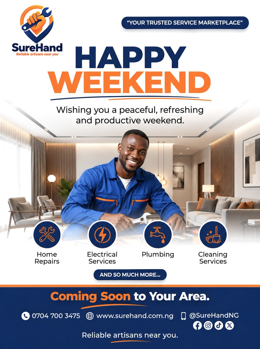 surehandng's tweet photo. HAPPY WEEKEND, NIGERIA! 🇳🇬❤️

Need a trusted artisan near you? 🔧🏠
 SureHand is building a better way to find reliable plumbers, electricians, cleaners, technicians and more.
🚀 COMING SOON TO YOUR AREA!

SureHand — Reliable artisans near you.

#SureHandNG #ArtisansNearMe https://t.co/ABCravJ0AZ