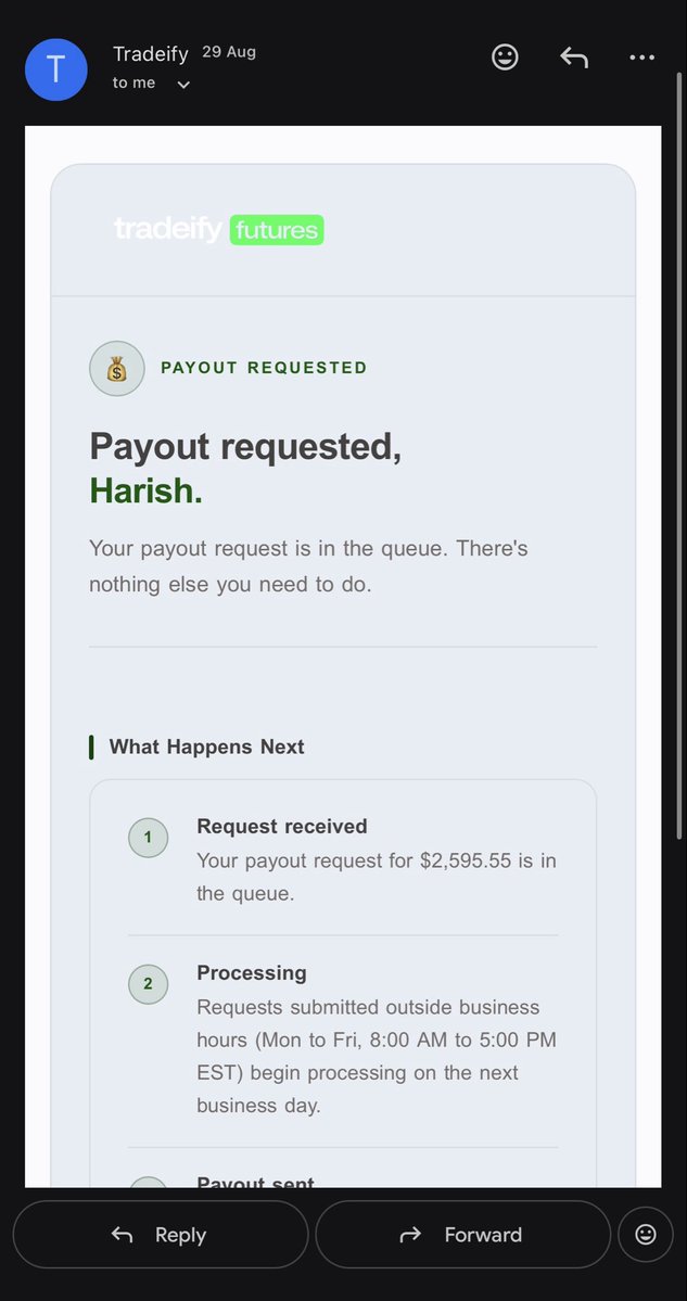 ej_harish's tweet photo. I had the same scenario.. received confirmation mail., identity was verified.. requested my payout in a weekened time.. waiting for monday to receive it in my rise pay. But all I got was account ban on monday.. they literally scammed me.. @BrettSimba .. I have been writing mails, raising tickets.. no response.. they are not even able to prove the false allegation that they claim of.. never trust this firm @tradeify again…