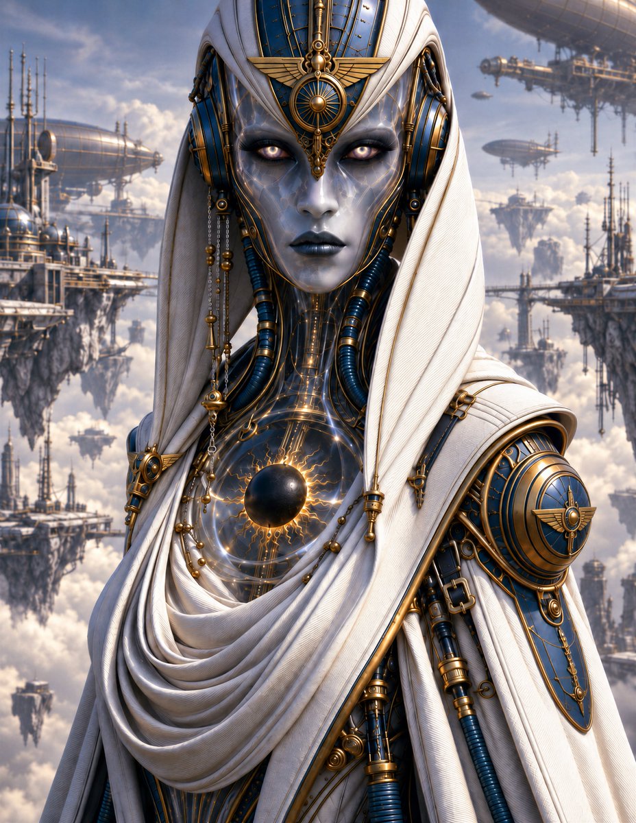 ThatsDesignArt's tweet photo. THE ORACLE ABOVE THE CLOUDS ✨
She wears the sky in ivory and gold,
A silent future shaped from ages old.
Where vanished gods and engines intertwine,
She guards a sun no mortal can define. ☀️⚙️
#SciFiFantasy #EgyptianFuturism #CyberOracle #midjourney #midjourneyart #aiart https://t.co/VayfcFNILn