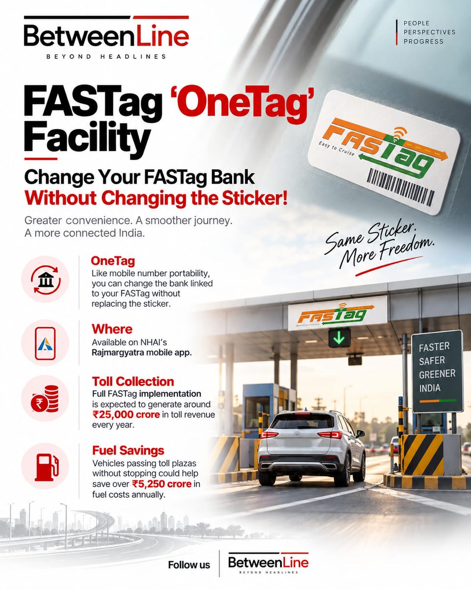 BetweenLinn1's tweet photo. FASTag ‘OneTag’ Facility – Change Your Bank, Not Your Sticker!

Follow us for more useful updates.
#FASTag #OneTag #NHAI https://t.co/OJBHuBZZur