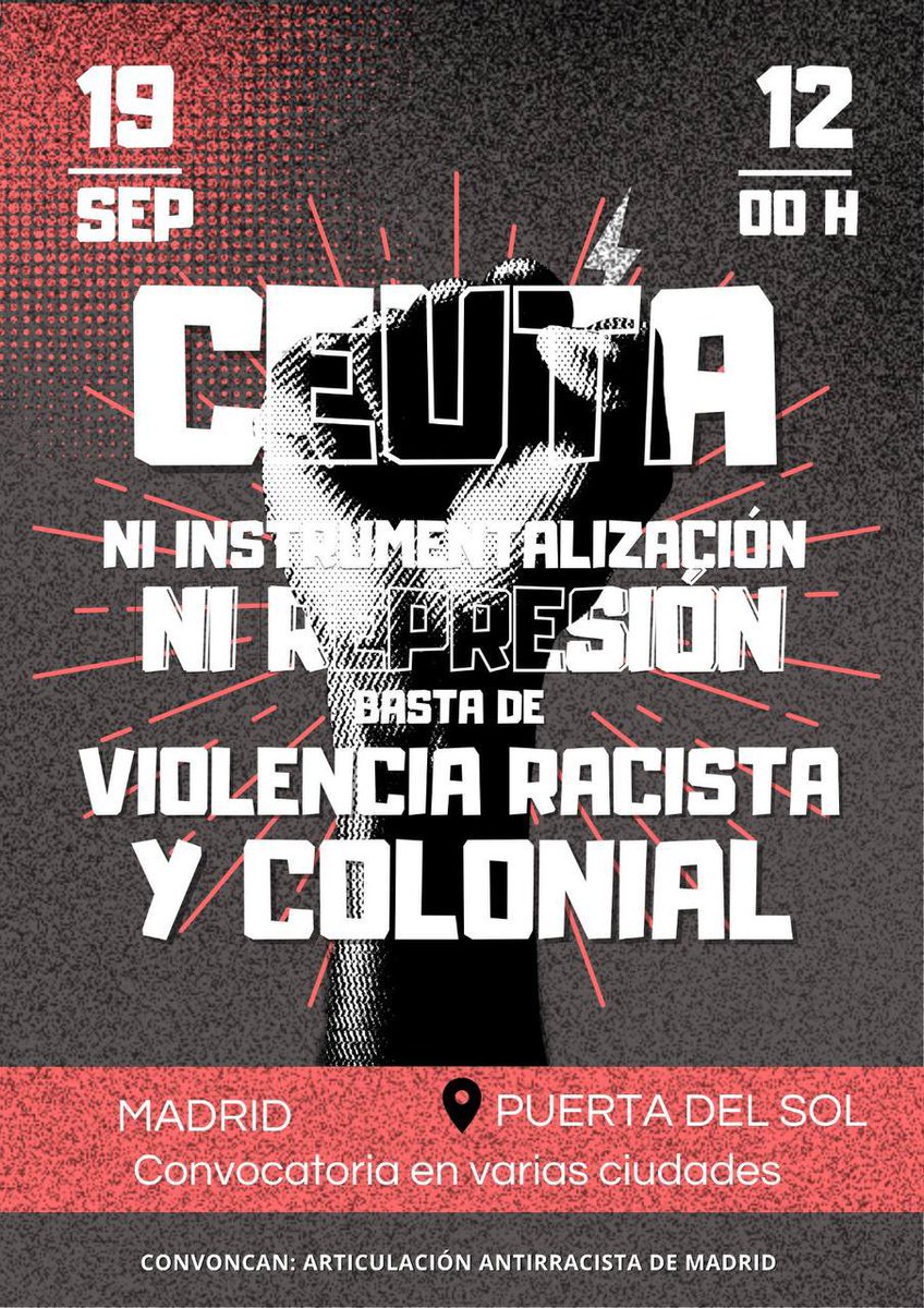 JosefAntoni10's tweet photo. 📢 CEUTA: NI INSTRUMENTALIZACIÓN NI REPRESIÓN. Basta de violencia racista y colonial 
 Puerta del Sol, Madrid
19 septiembre - 12h 

Frente al racismo y la islamofobia, la homofobia y la transfobia, organización.
Frente a la deshumanización, comunidad. https://t.co/BikGcdXr7u