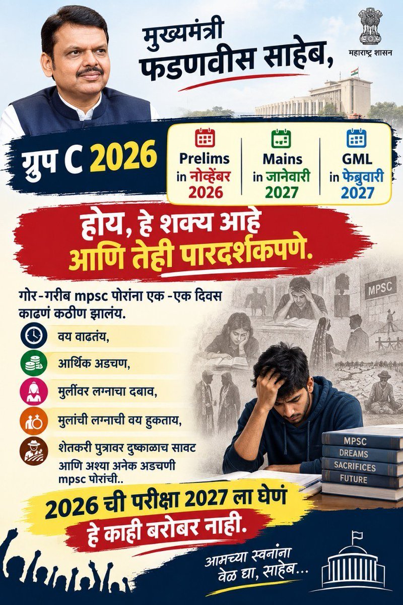 GaikwadAkash96's tweet photo. मा. मुख्यमंत्री साहेब,

MPSC गट-क 2026 पूर्व परीक्षा सलग तीन वेळा पुढे ढकलण्यात आली आहे. यामुळे गरीब व सर्वसामान्य विद्यार्थ्यांवर मोठा आर्थिक, मानसिक  ताण निर्माण झाला आहे. अनेक विद्यार्थ्यांच्या कौटुंबिक जबाबदाऱ्या आणि लग्नासारख्या वैयक्तिक बाबींचाही प्रश्न निर्माण झाला आहे https://t.co/HwY2fVBBZc