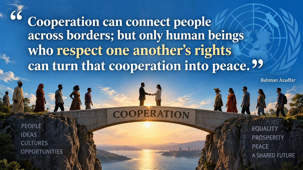 AzadfarBah92878's tweet photo. Mr Secretary-General,

We need to move beyond merely symbolic gestures, such as a “Peace Day” or a “South-South Cooperation Day,” and take serious and profound action to achieve equality, prosperity and peace.

Of course, we are stronger together. But if we truly want to be “stronger together,” we must first ask:

What enables human beings to live together while respecting one another’s rights?

Since 1948, the Universal Declaration of Human Rights has provided part of the answer in Article 26(2): education directed to the full development of the human personality, the strengthening of respect for human rights, and the promotion of understanding and tolerance.

Cooperation can connect people across borders; but only human beings who respect one another’s rights can turn that cooperation into peace.