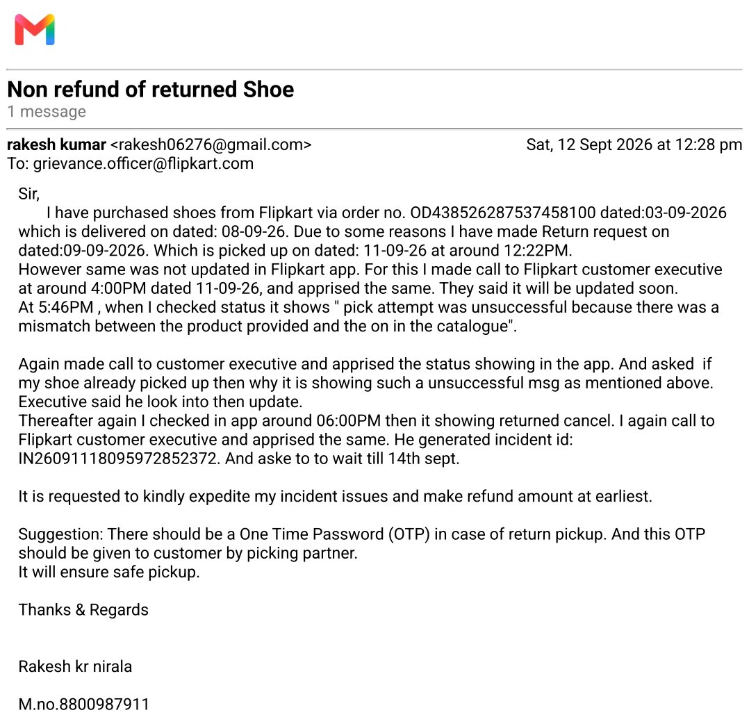 rakesh06276's tweet photo. @Flipkart 
Regarding non refund of returned items 

Please see the email sent to you regarding non refund of returned items. Please go through my email and solve the problem. https://t.co/wgsU4nL0UQ