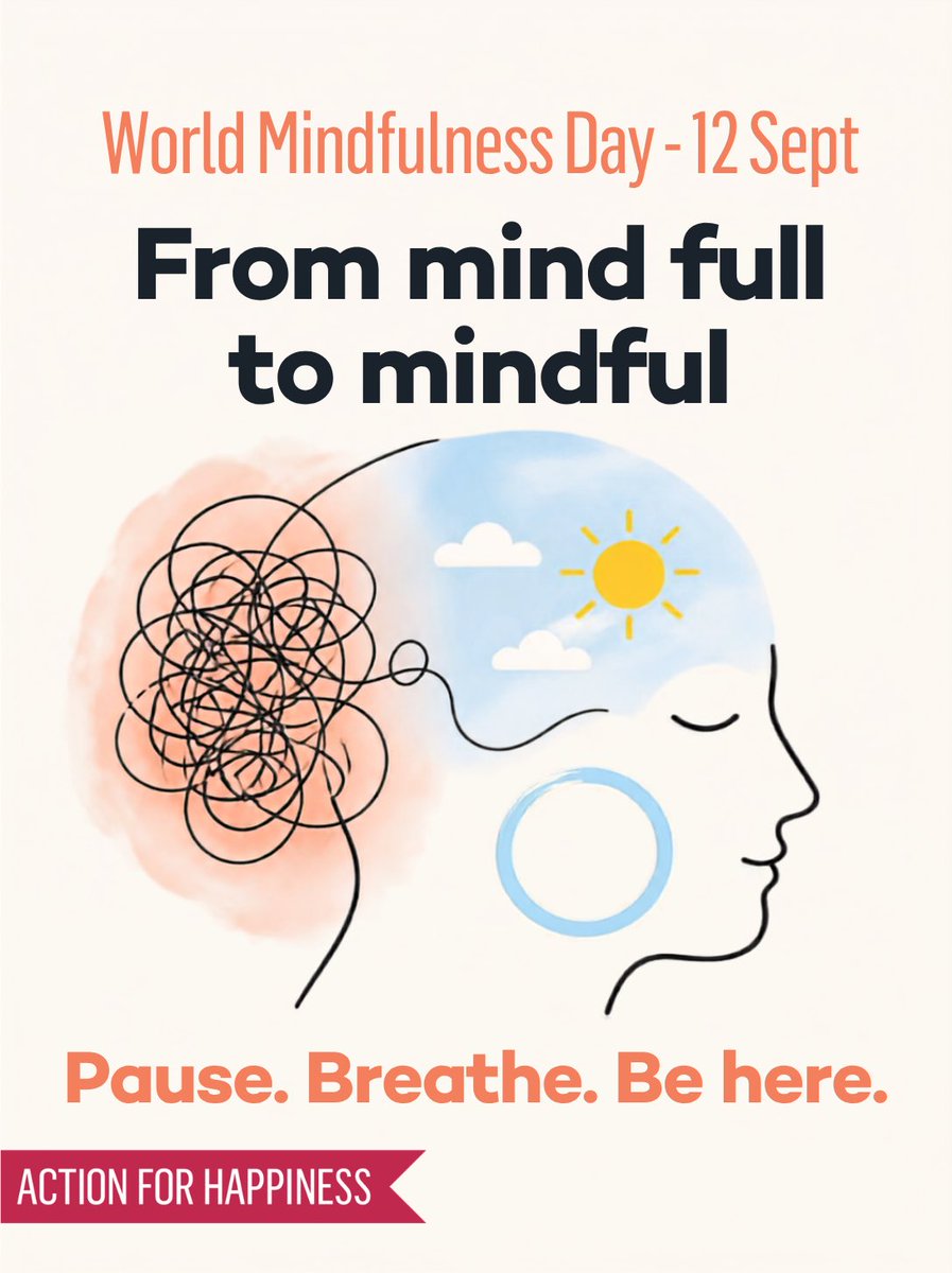 actionhappiness's tweet photo. Happy World Mindfulness Day 2026! 🥳

This is your reminder to slow down, pause, breathe and be here, right now. 

Even a few minutes a day can calm your mind and give you a fresh perspective.

Mindfulness also helps with mood, focus and sleep. 
The best part is it’s free and you can do it any time anywhere. 

Wishing you a mindful day ahead 🧘‍♀️🧠🩷