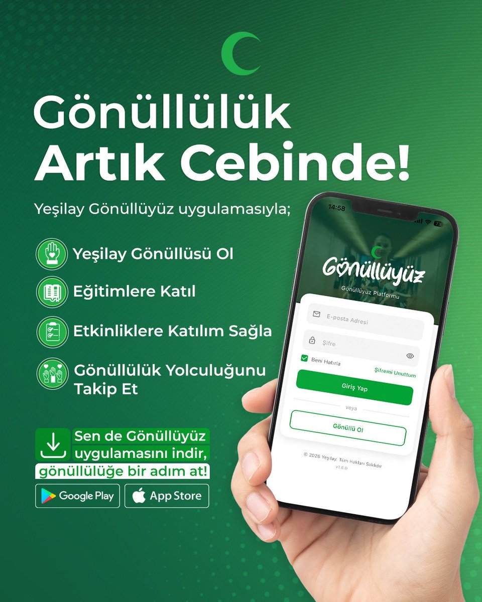 1920yesilay's tweet photo. İyilik için harekete geç, Yeşilay gönüllüsü ol! 💚

Yeşilay Gönüllüyüz uygulamasıyla gönüllülük başvurunu yapabilir, eğitimlere katılabilir, bulunduğun bölgedeki etkinlikleri keşfedebilir ve gönüllülük sürecini tek yerden takip edebilirsin.

📲 Yeşilay Gönüllüyüz uygulamasını hemen indir, gönüllülük yolculuğuna bugün başla!