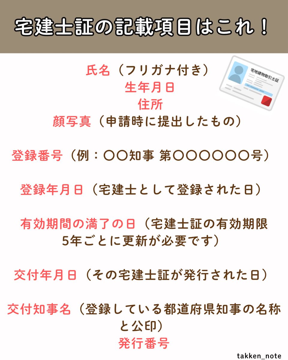 kanata_irast's tweet photo. 【再確認！】宅建士証の記載事項、まとめました！

宅建士証には、こんな項目が記載されています✍️

氏名（フリガナ付き）
生年月日
住所
顔写真
登録番号
登録年月日
有効期間の満了の日
交付年月日
交付知事名
発行番号

#宅建勉強 #宅建独学 #宅建一発合格 #宅建 #宅建リベンジ https://t.co/xAjf49HA2t