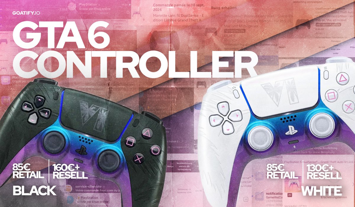 GoatifyIO's tweet photo. 🎮 GTA 6 controller flipping is looking crazy.

Retail: €85
Potential resale: €130+ for White / €160+ for Black

Two colors. One massive GTA 6 hype wave. 🚀 https://t.co/B0eFUpjv1j