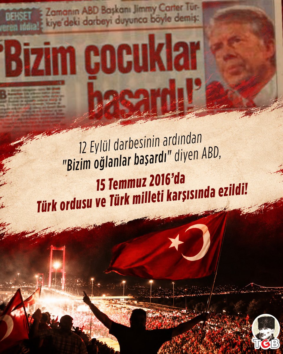 genclikbirligi's tweet photo. Bugün, Türkiye'nin çok ağır bedeller ödediği 12 Eylül Amerikancı darbesinin 46. yılı.

12 Eylül darbesinin ardından "Bizim oğlanlar başardı" diyen ABD, 15 Temmuz 2016'da başaramadı.

Türkiye; devletiyle, ordusuyla, milletiyle ABD'yi ve piyonlarını yerle bir etti! https://t.co/dEXMo0zQqM