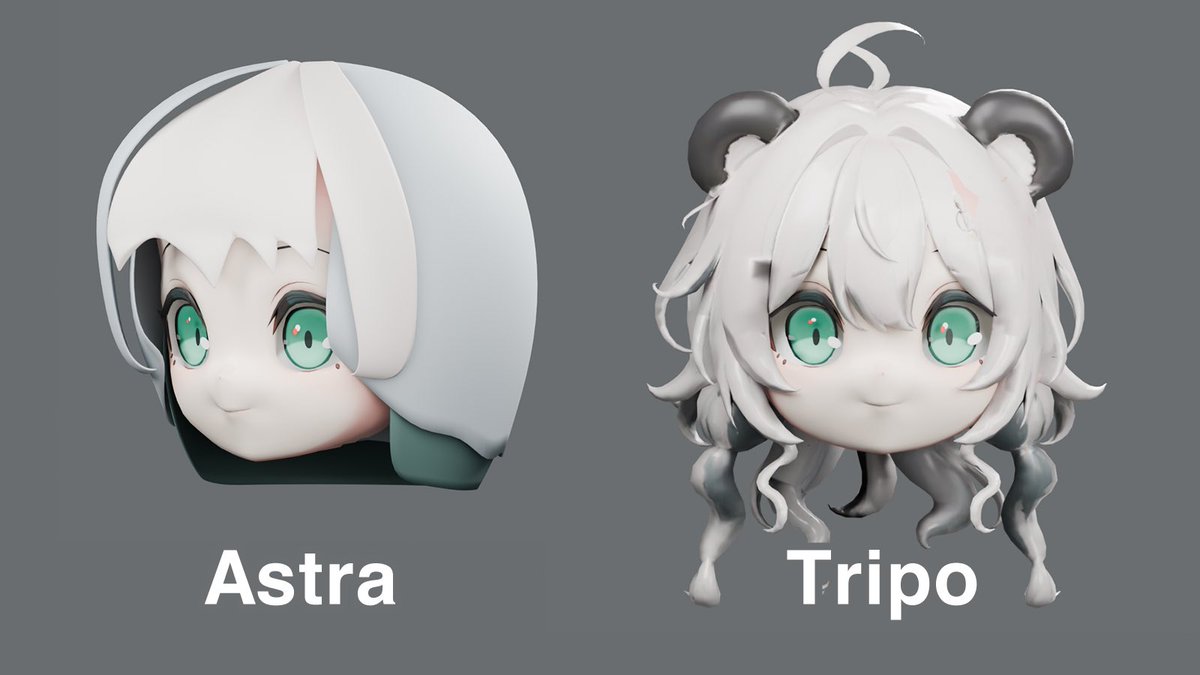 baku_lab's tweet photo. Blender × Astra 3Dキャラ制作パイプライン育成中。

昨日は、既存の顔をAstraに調整してもらい、想像以上の結果が出ました。

では、髪をゼロから作らせたら？
結果が左です。
 元絵とは程遠く、このルートは一度停止しました。
そこで制作工程を、

① AstraがBlenderで直接制作 ② Tripoで生成 → Astraが補修

の2ルートに分けて検証しています。
右はTripoで生成した未補修モデルです。

1/3