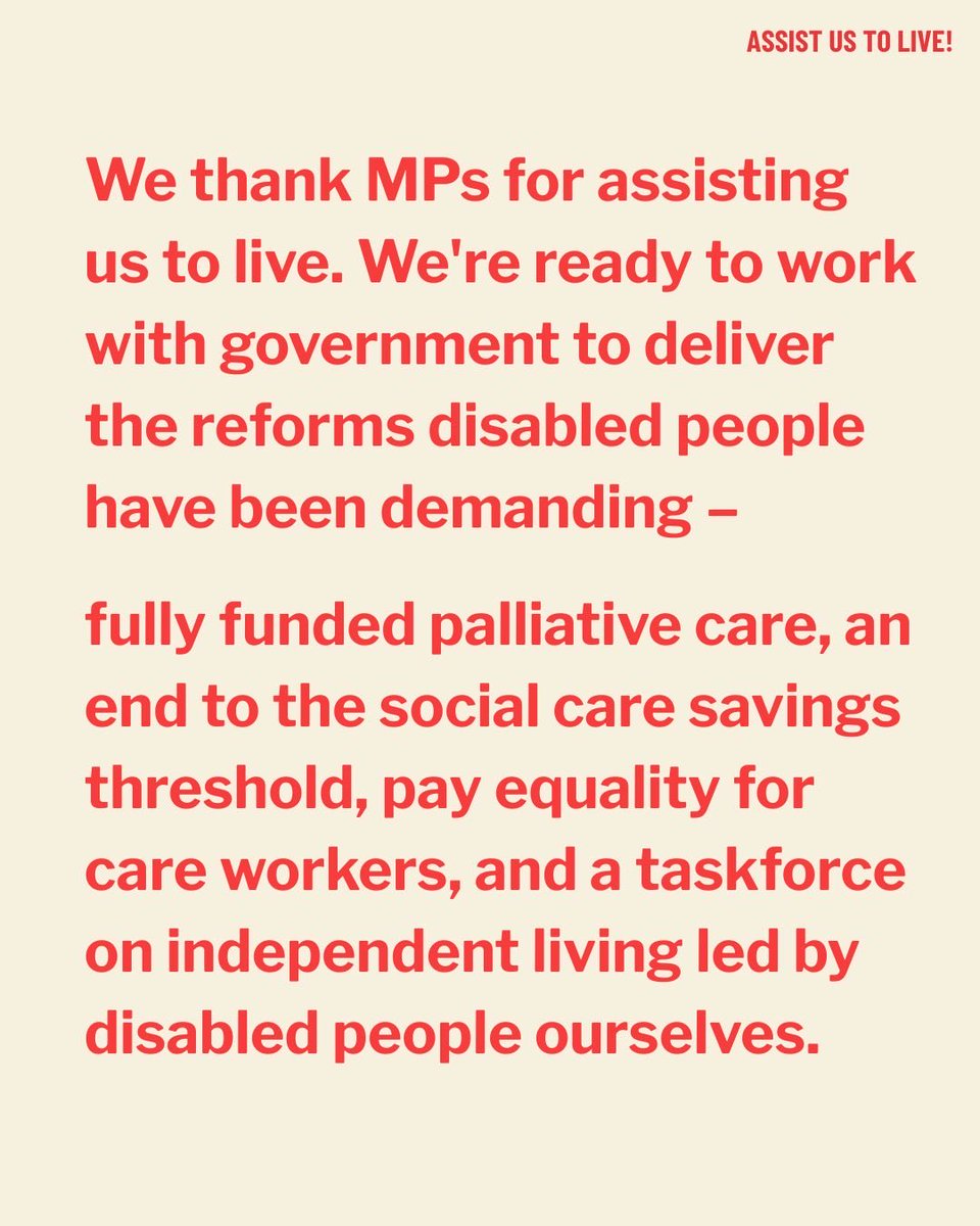 Assist_UsToLive's tweet photo. We did it. MPs have voted NO today on assisted suicide, and we're breathing a big sigh of relief.

The work is far from over — we must now hold government accountable to fix the systems that assist us to live — but today, we rest. Thank you!
#AssistUsToLive https://t.co/BbCE38wFPH