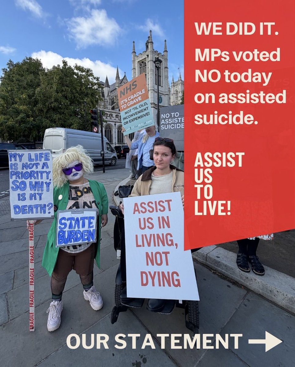 Assist_UsToLive's tweet photo. We did it. MPs have voted NO today on assisted suicide, and we're breathing a big sigh of relief.

The work is far from over — we must now hold government accountable to fix the systems that assist us to live — but today, we rest. Thank you!
#AssistUsToLive https://t.co/BbCE38wFPH