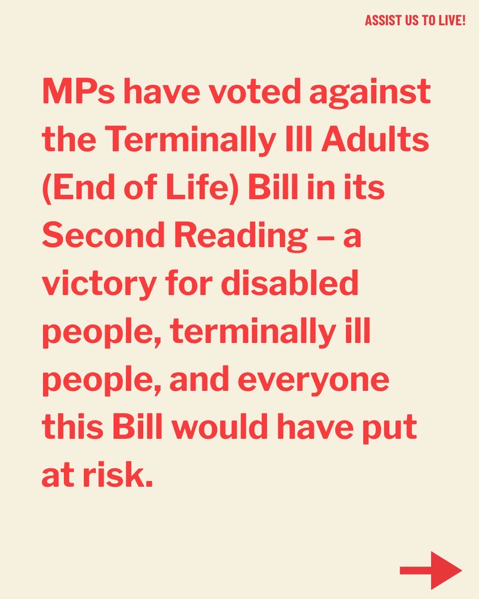 Assist_UsToLive's tweet photo. We did it. MPs have voted NO today on assisted suicide, and we're breathing a big sigh of relief.

The work is far from over — we must now hold government accountable to fix the systems that assist us to live — but today, we rest. Thank you!
#AssistUsToLive https://t.co/BbCE38wFPH
