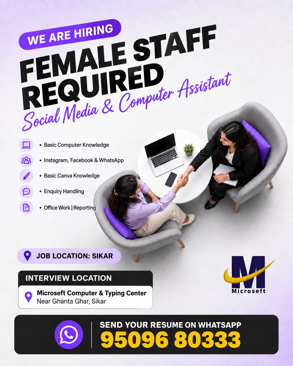 JobinSikar's tweet photo. Sikar me office + social media work ka experience lena chahti hain?

Female Social Media &amp; Computer Assistant required

📍 Microseft Computer &amp; Typing Center
Opp. Krishana College, Near Ghanta Ghar, Chandpol, Sikar
📞 Resume WhatsApp: 095096 80333
#SikarJobs #FemaleJobsSikar https://t.co/4GoYL0fQ4G