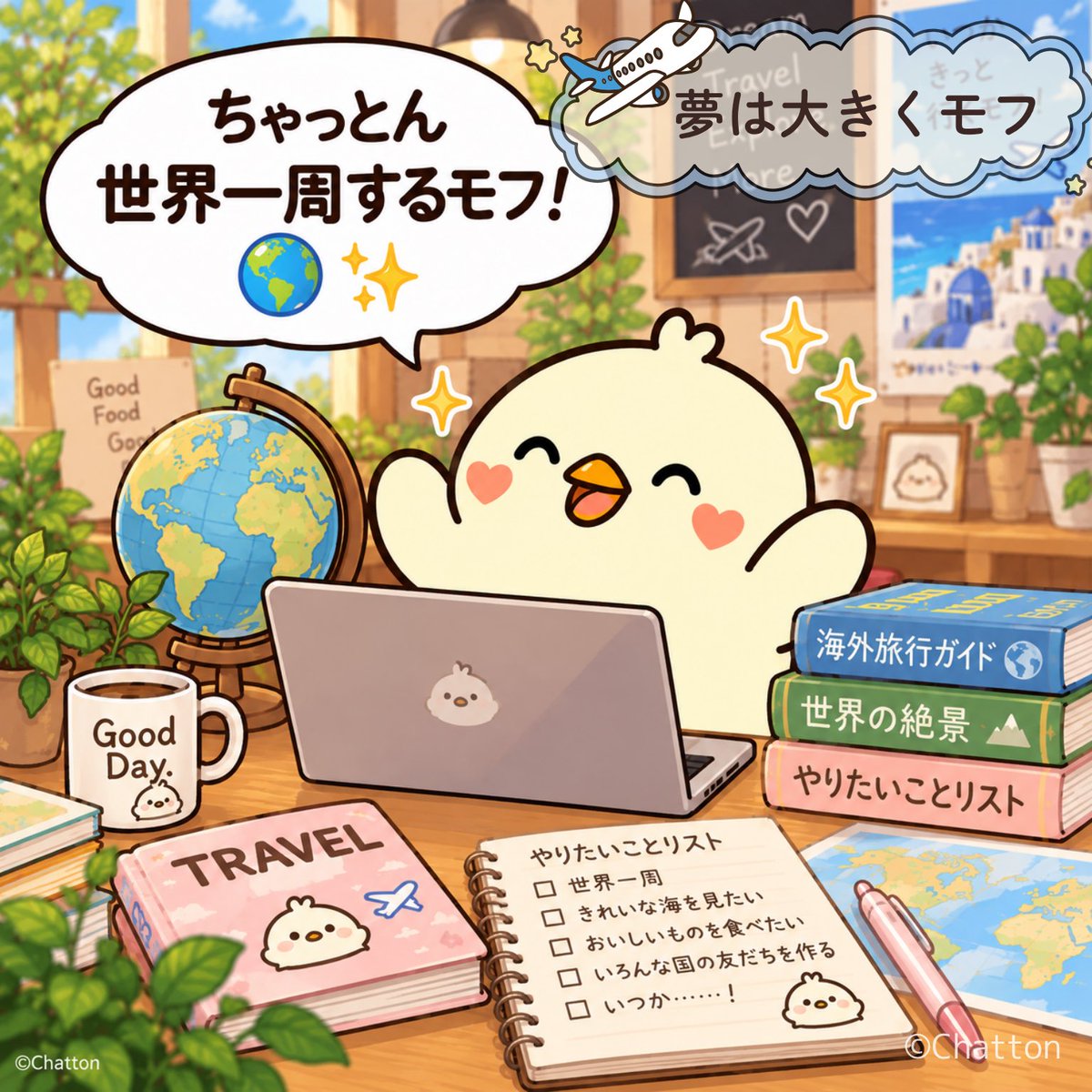 chatton_mofu's tweet photo. いつかきっと必ず叶えるモフ🌏🐥✈️
 #ちゃっとん https://t.co/dm2w4WwxTu